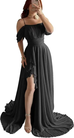 Basgute Off The Shoulder Chiffon Bridesmaid Dresses with Slit Long A Line Pleated Ruffles Formal Evening Gown for Women
