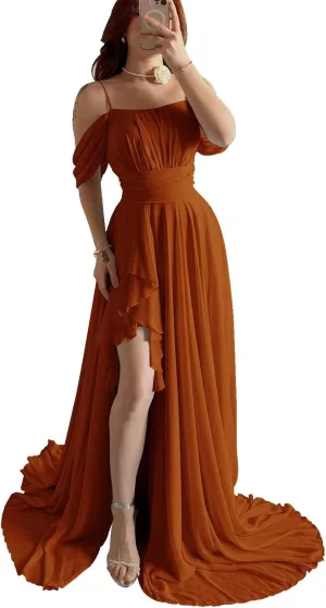 Basgute Off The Shoulder Chiffon Bridesmaid Dresses with Slit Long A Line Pleated Ruffles Formal Evening Gown for Women