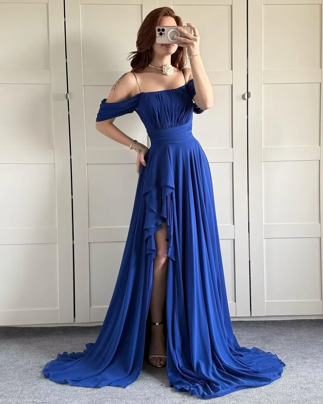 Basgute Off The Shoulder Chiffon Bridesmaid Dresses with Slit Long A Line Pleated Ruffles Formal Evening Gown for Women