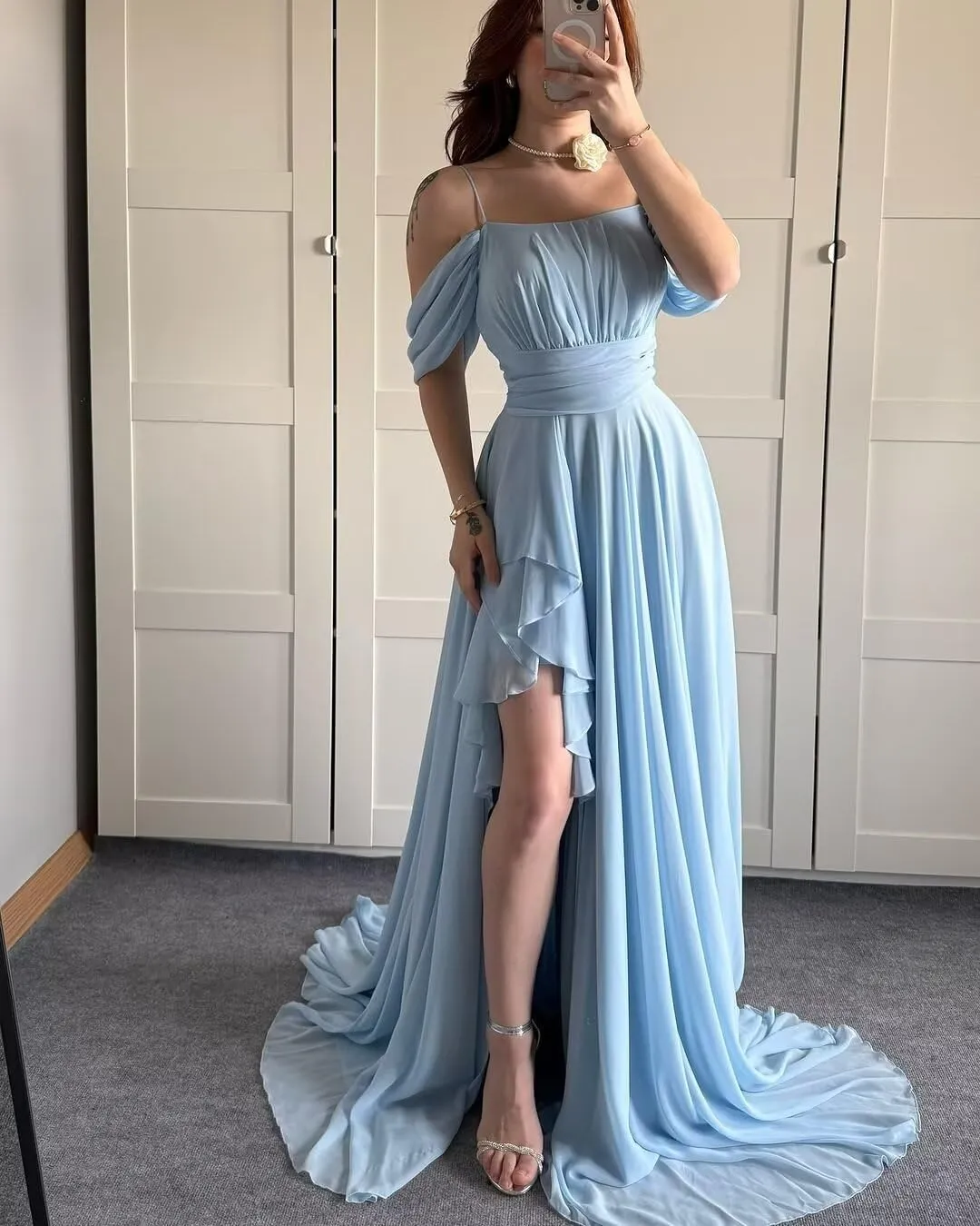 Basgute Off The Shoulder Chiffon Bridesmaid Dresses with Slit Long A Line Pleated Ruffles Formal Evening Gown for Women