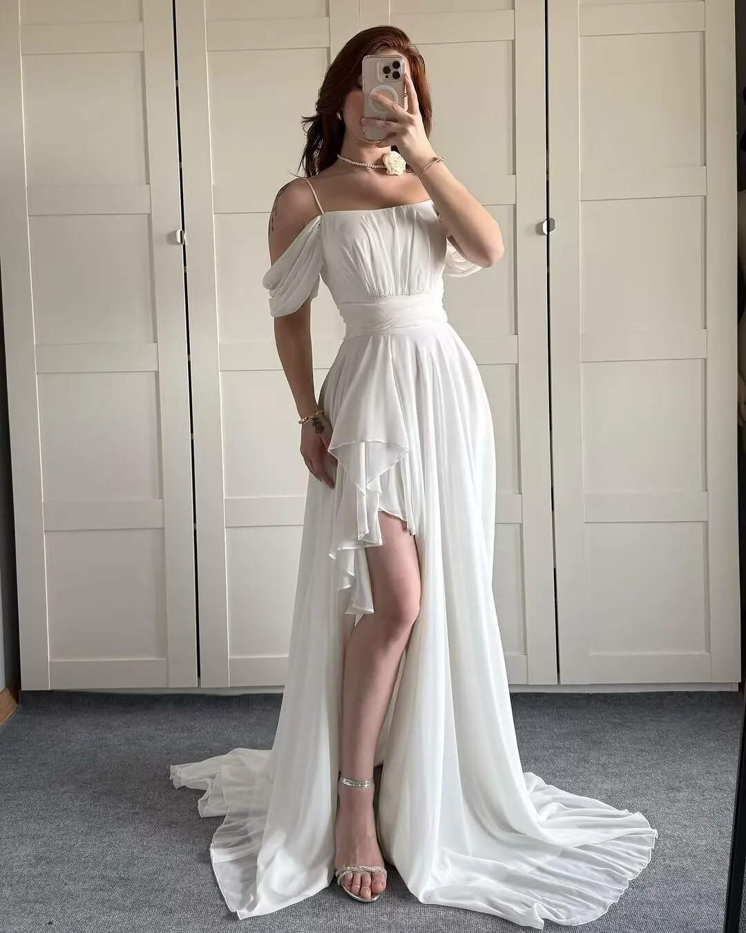 Basgute Off The Shoulder Chiffon Bridesmaid Dresses with Slit Long A Line Pleated Ruffles Formal Evening Gown for Women