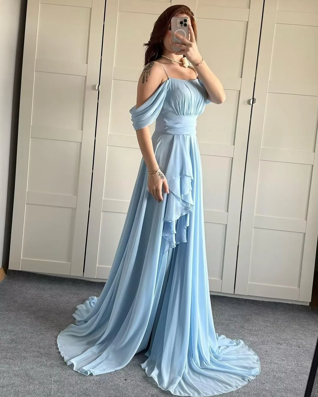 Basgute Off The Shoulder Chiffon Bridesmaid Dresses with Slit Long A Line Pleated Ruffles Formal Evening Gown for Women