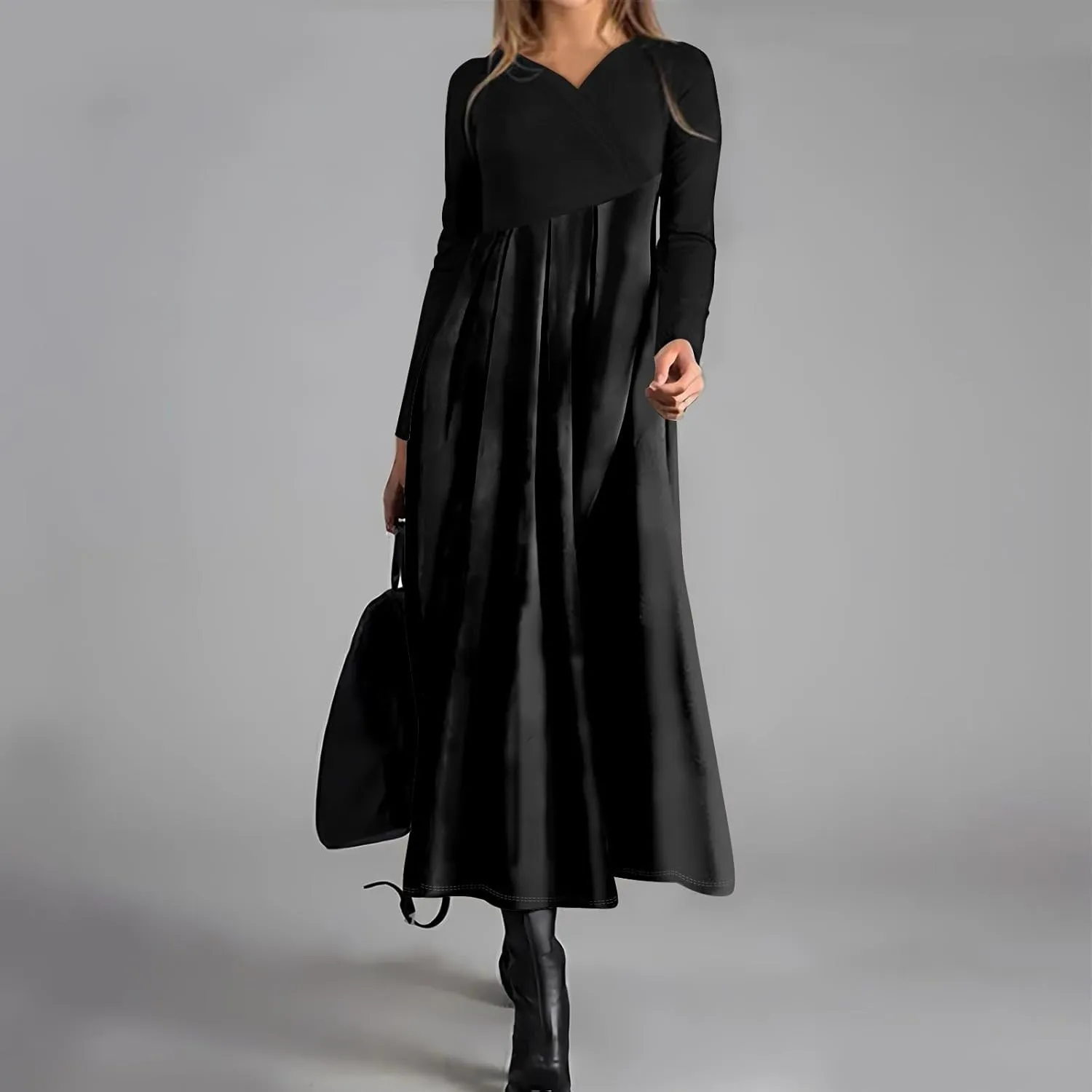BAXLIMEK Long Sleeve Dresses for Women,2025 Spring Trendy V Neck Patchwork Maxi Dress Casual Loose Flowy Ruched Beach Dress
