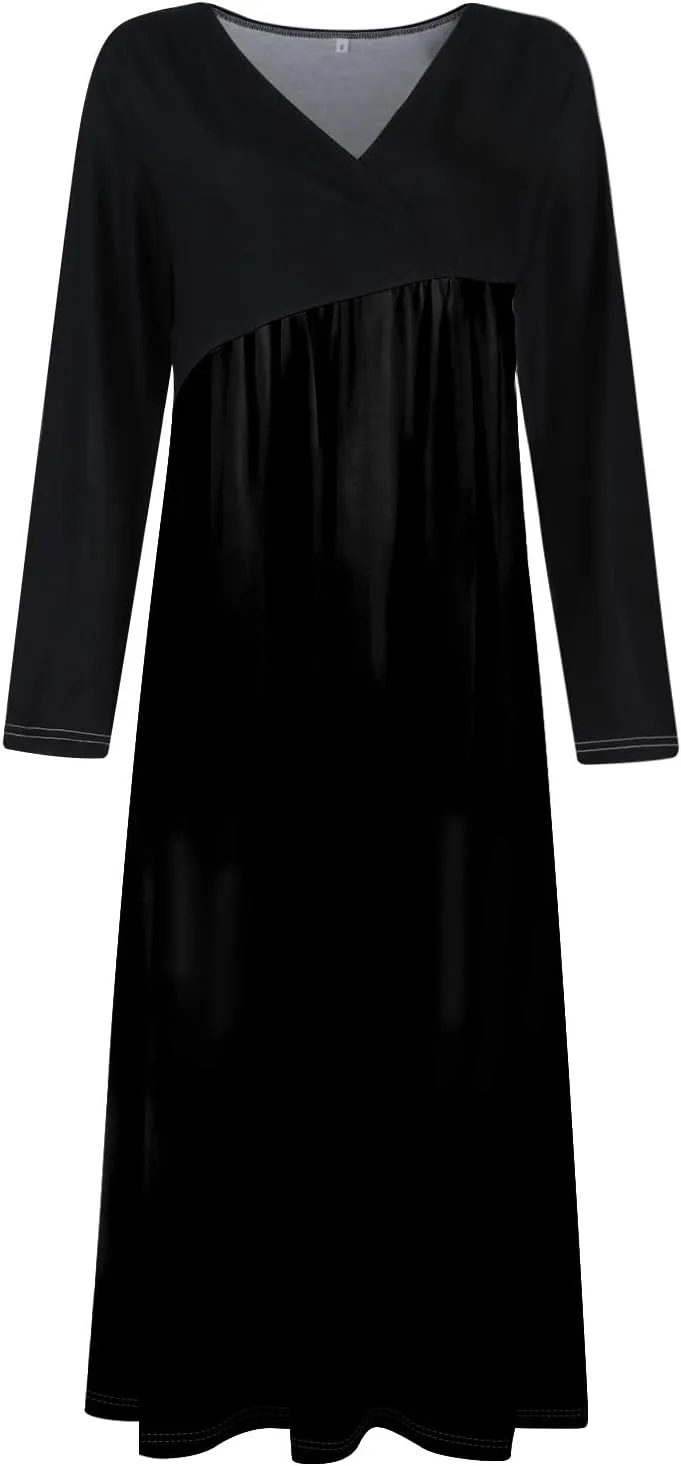BAXLIMEK Long Sleeve Dresses for Women,2025 Spring Trendy V Neck Patchwork Maxi Dress Casual Loose Flowy Ruched Beach Dress