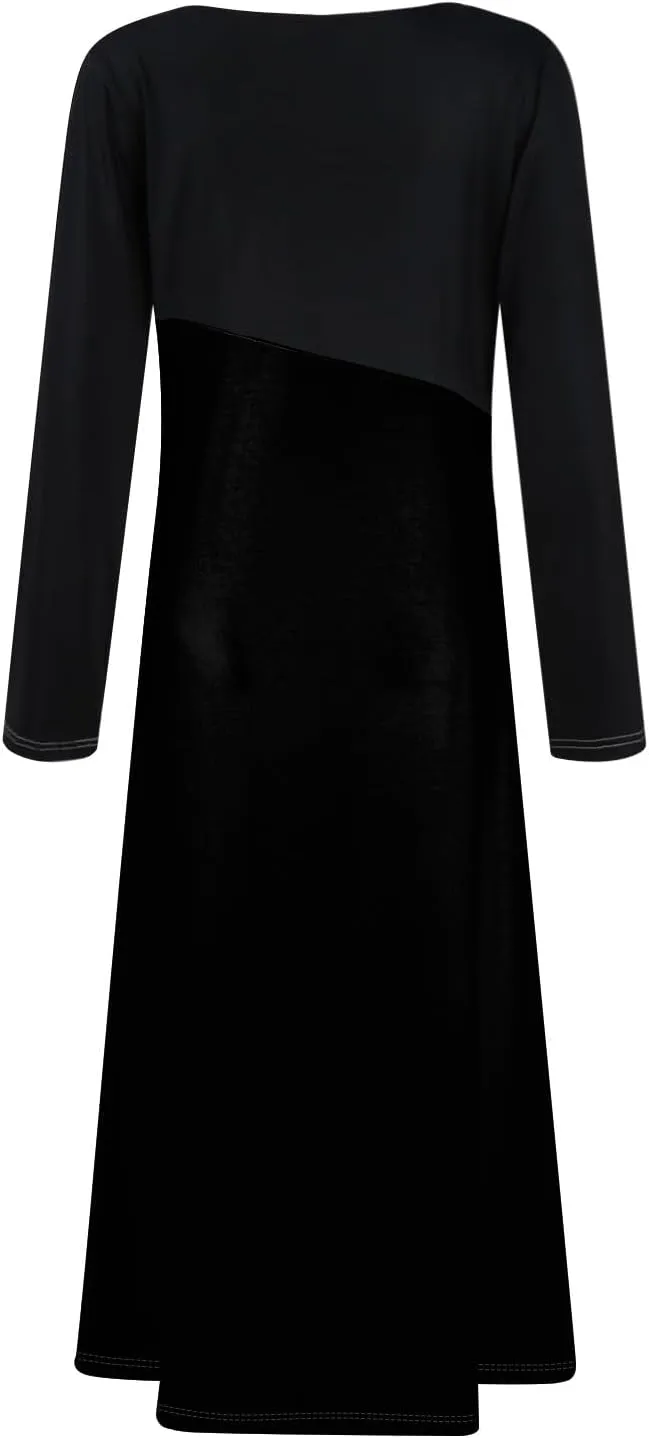 BAXLIMEK Long Sleeve Dresses for Women,2025 Spring Trendy V Neck Patchwork Maxi Dress Casual Loose Flowy Ruched Beach Dress