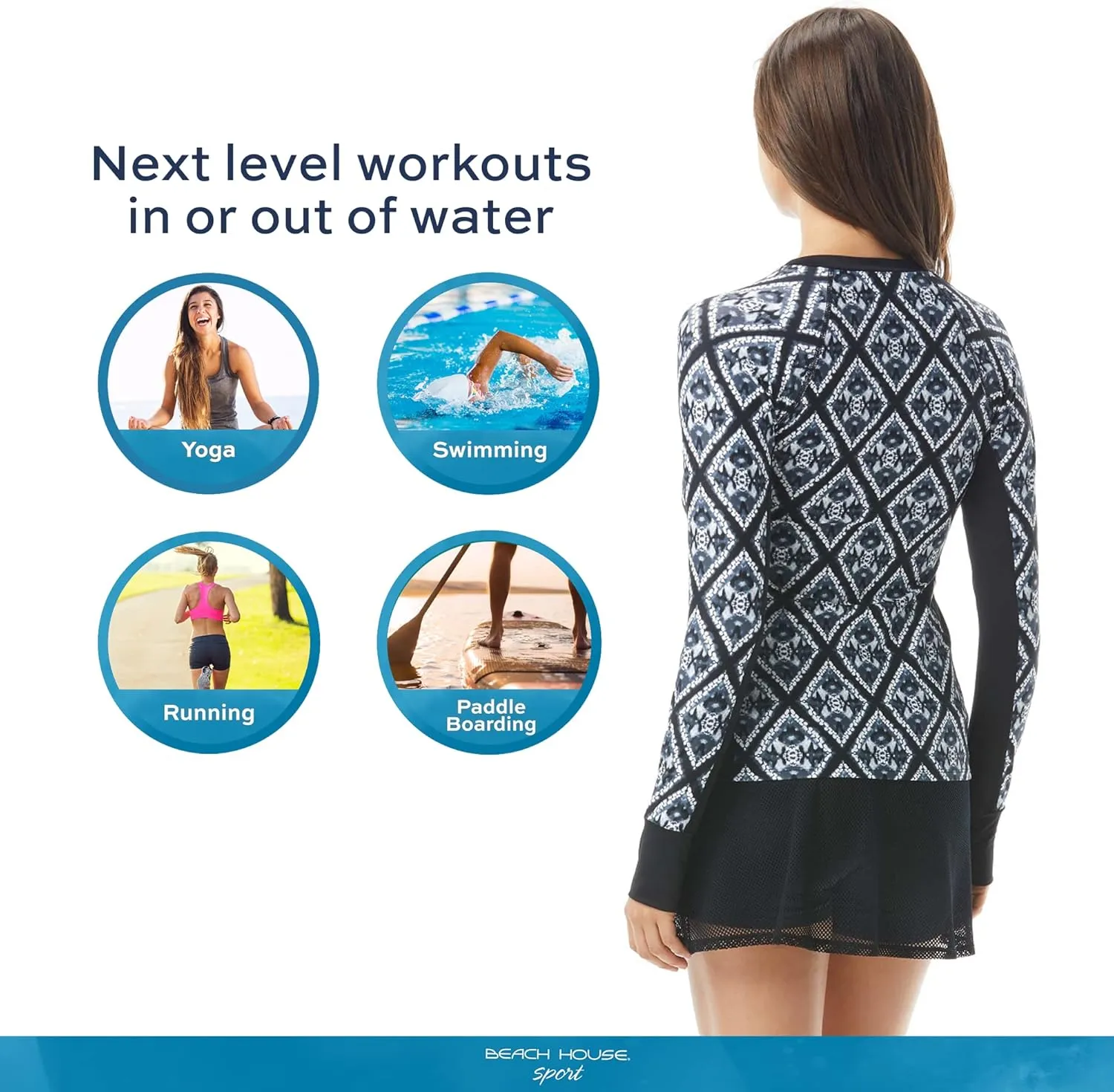 BEACH HOUSE Excel Swim Skort  Athletic Swimsuit Shorts Under Zip Skirt