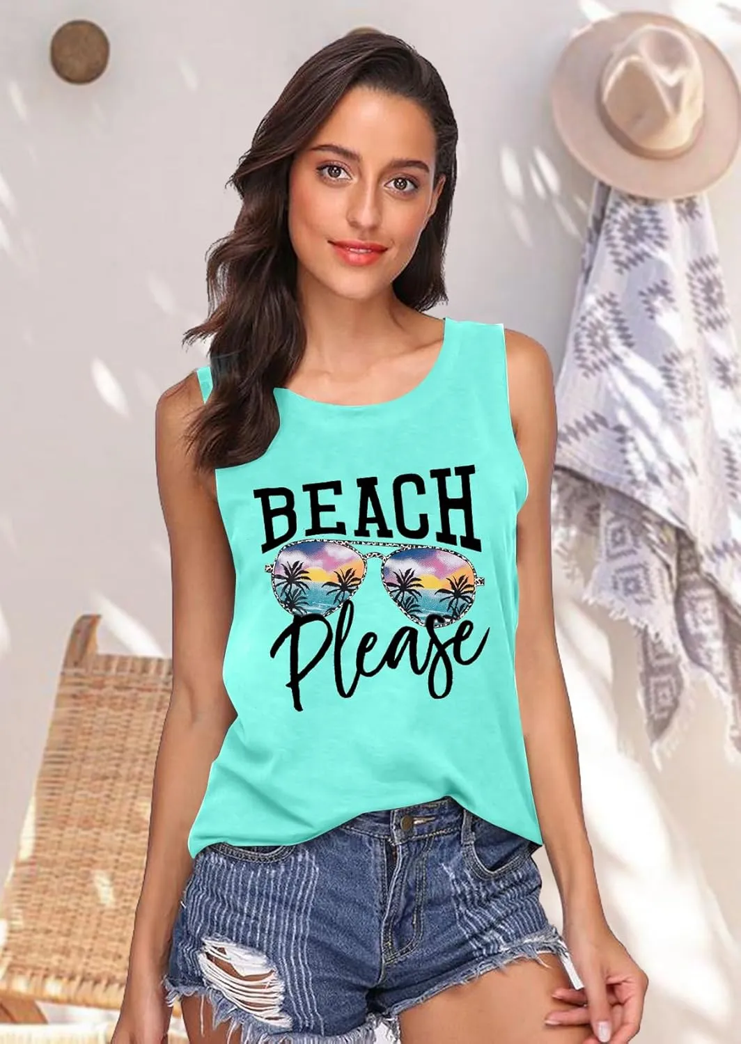 Beach Tanks for Women Beach Please Graphic Tank Top Funny Summer Sleeveless Hawaiian Vacation Vest Shirts