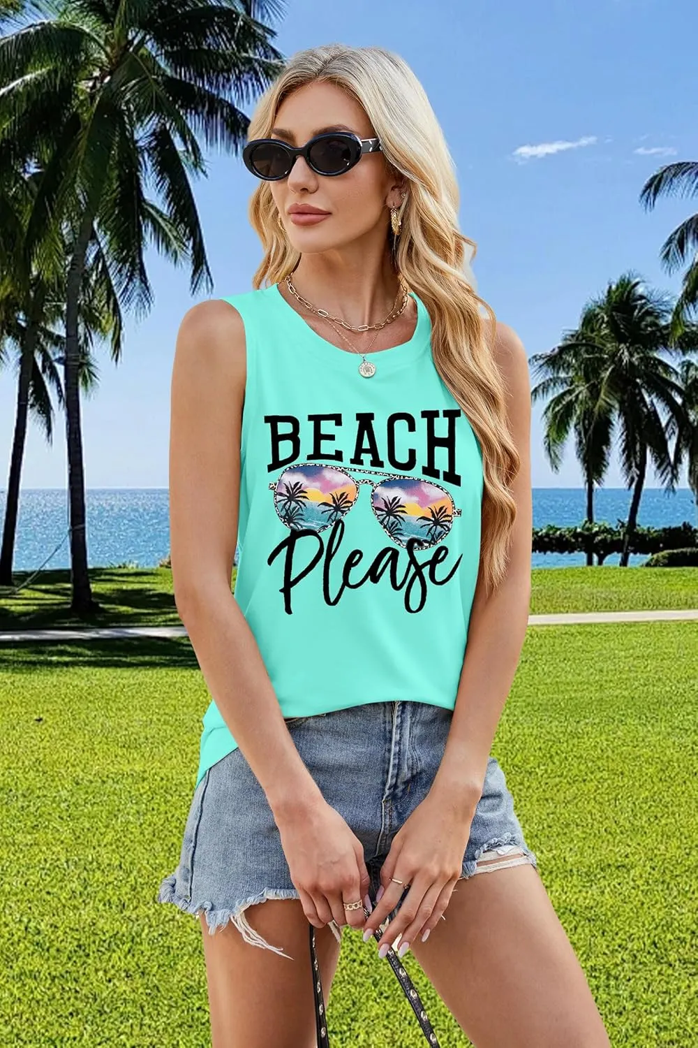 Beach Tanks for Women Beach Please Graphic Tank Top Funny Summer Sleeveless Hawaiian Vacation Vest Shirts