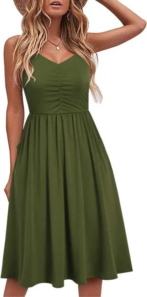 BeadChica Women's Casual Dress Summer Sleeveless V Neck Floral Sundresses A Line Spaghetti Strap Midi Dress with Pockets
