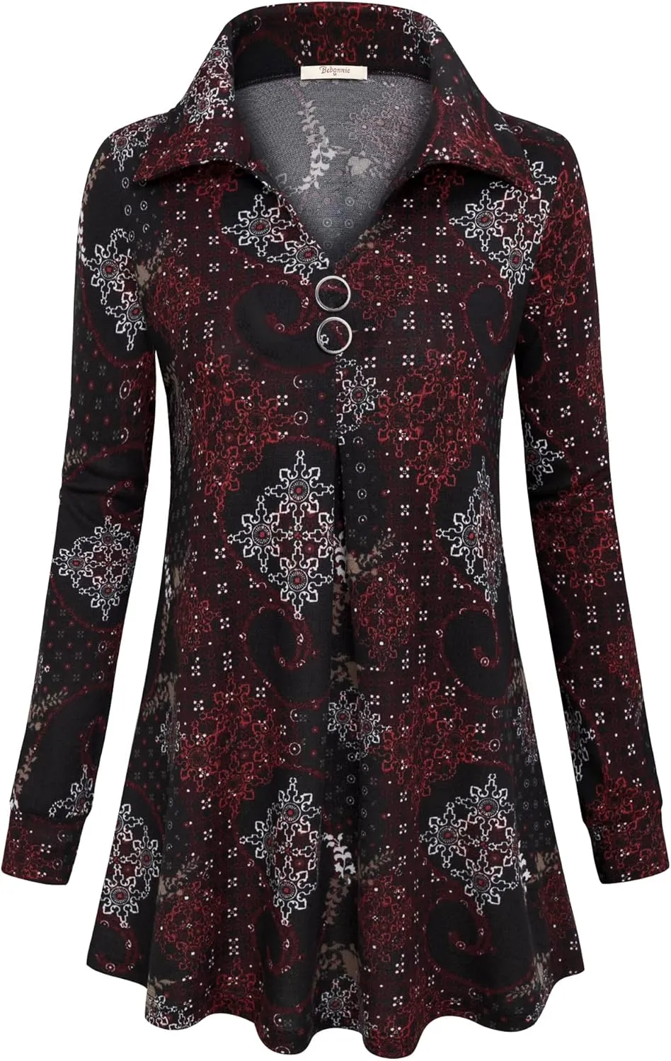 Bebonnie Womens Long Sleeve Casual Lapel V Neck Pullover Tunic Blouse Tops with Buttons