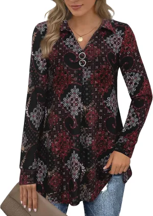 Bebonnie Womens Long Sleeve Casual Lapel V Neck Pullover Tunic Blouse Tops with Buttons