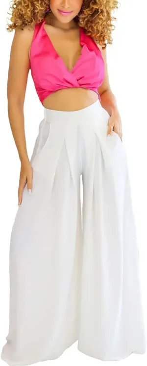 BFFBABY Womens Casual Palazzo Pants High Waist Printed Ruched Loose Flowy Lounge Wide Leg Pants (M-3XL)