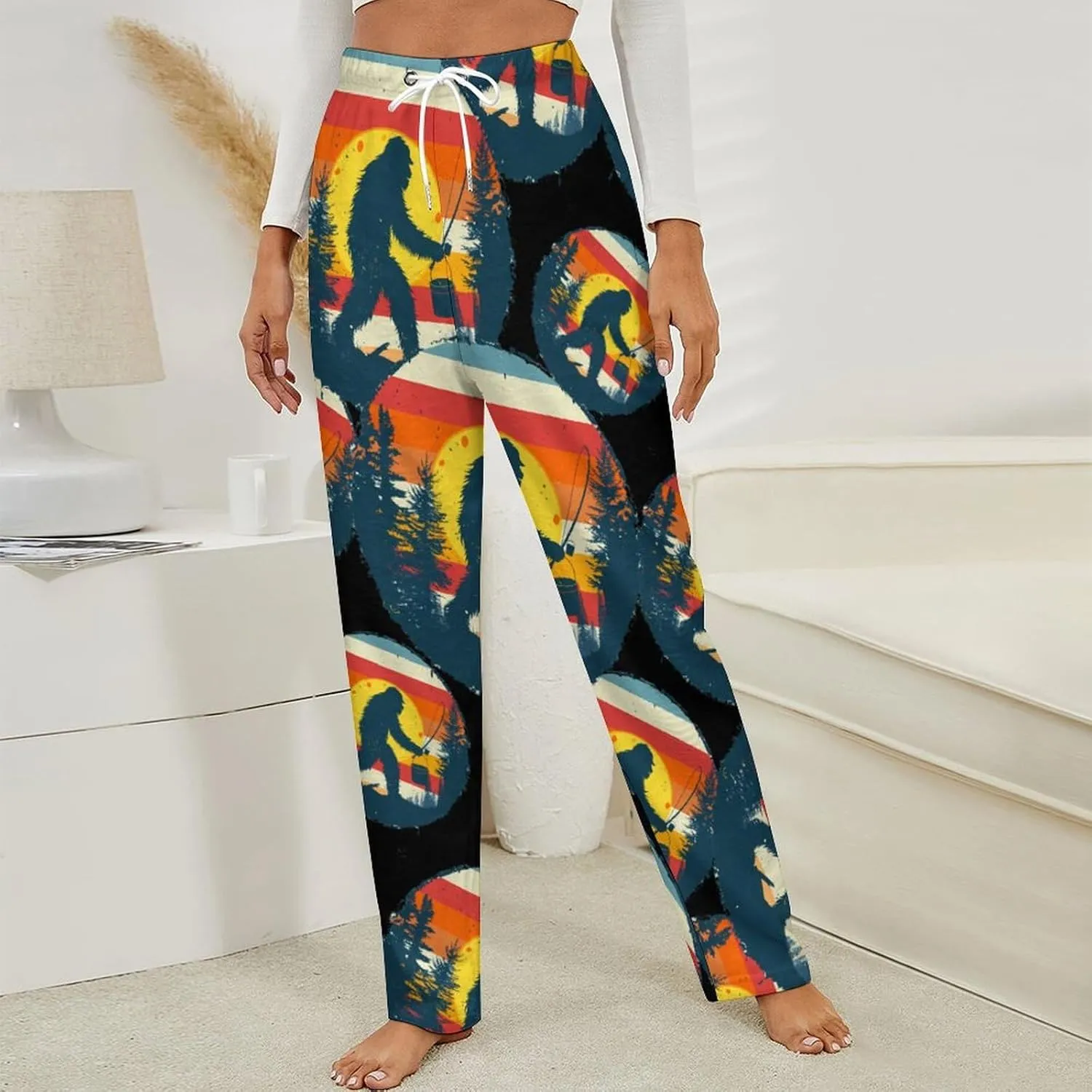 Bigfoot Fishing Vintage Sasquatch Women's Pajama Pants Fleece Warm Pj Bottoms Sleepwear Lounge Pants Loungewear