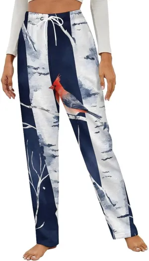Birch Forests Cardinal Birds Womens Flannel Pajama Pants Long Length Sleep Lounge Pants with Drawstring Belt Loungewear