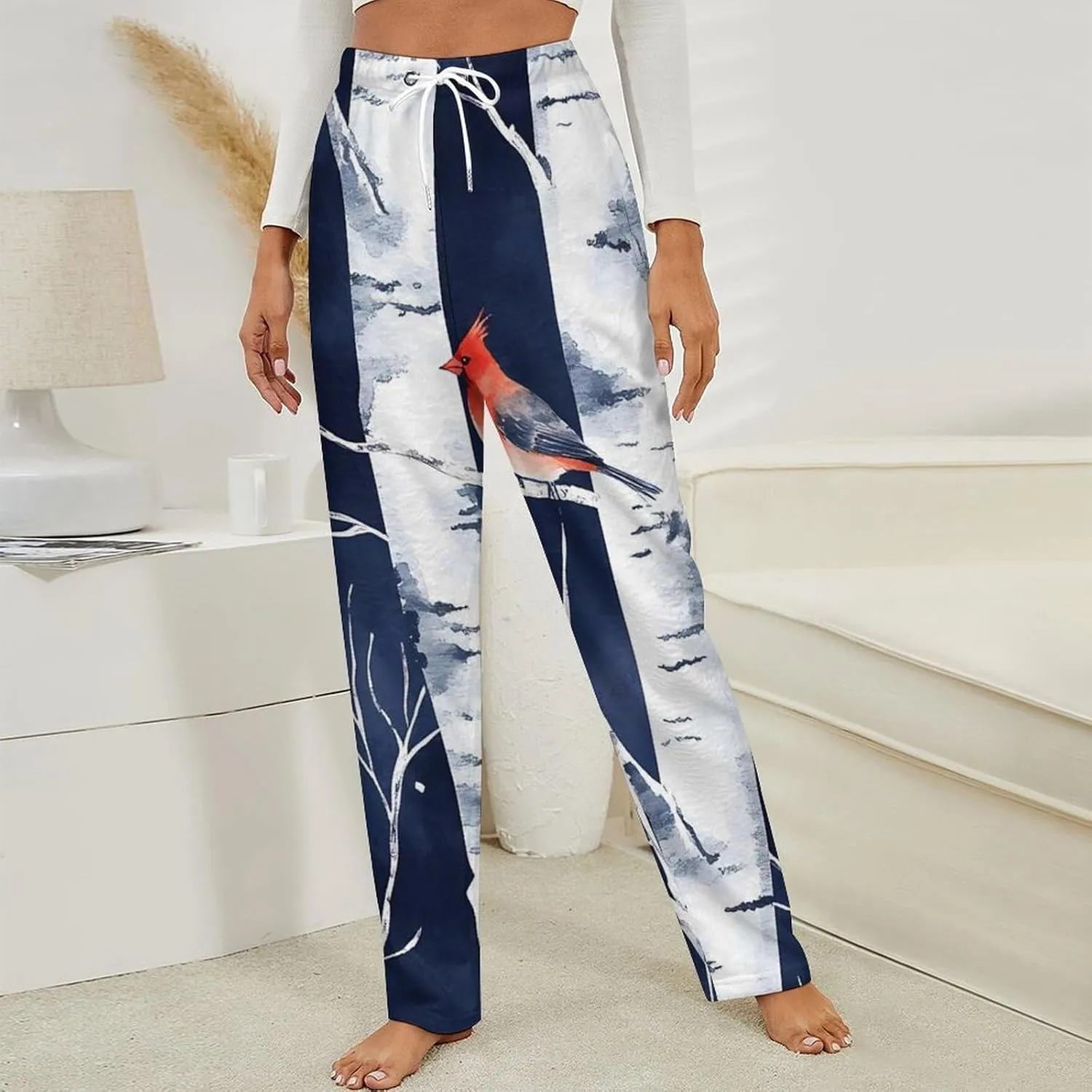 Birch Forests Cardinal Birds Womens Flannel Pajama Pants Long Length Sleep Lounge Pants with Drawstring Belt Loungewear