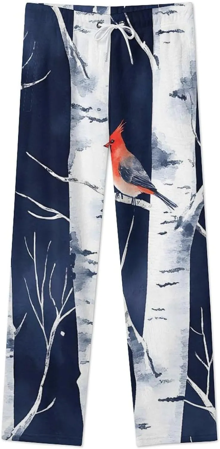 Birch Forests Cardinal Birds Womens Flannel Pajama Pants Long Length Sleep Lounge Pants with Drawstring Belt Loungewear