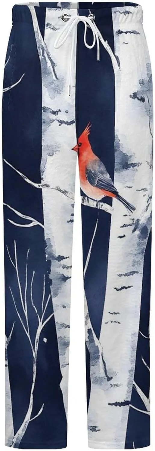 Birch Forests Cardinal Birds Womens Flannel Pajama Pants Long Length Sleep Lounge Pants with Drawstring Belt Loungewear