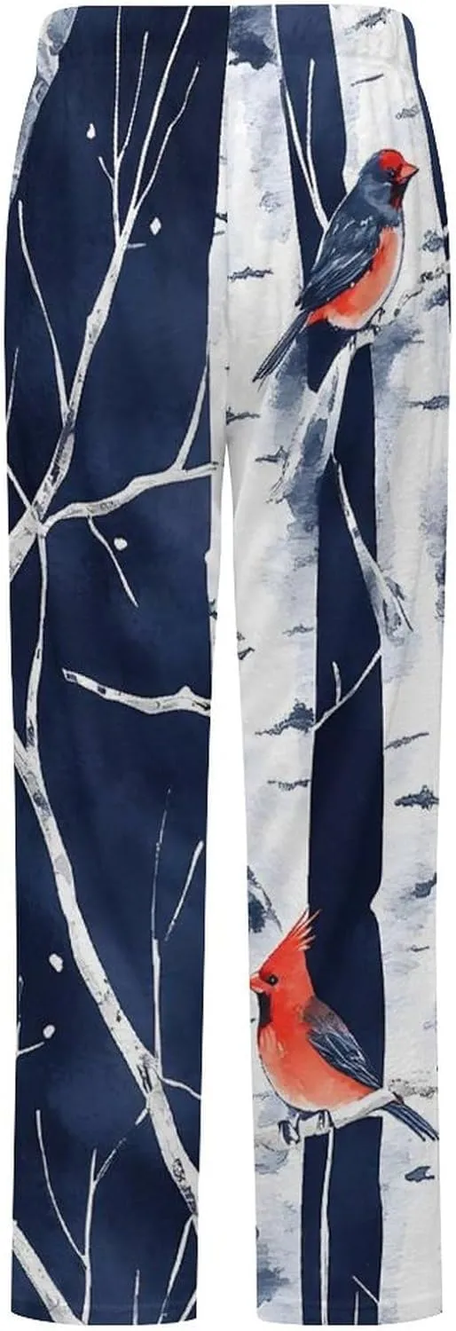 Birch Forests Cardinal Birds Womens Flannel Pajama Pants Long Length Sleep Lounge Pants with Drawstring Belt Loungewear