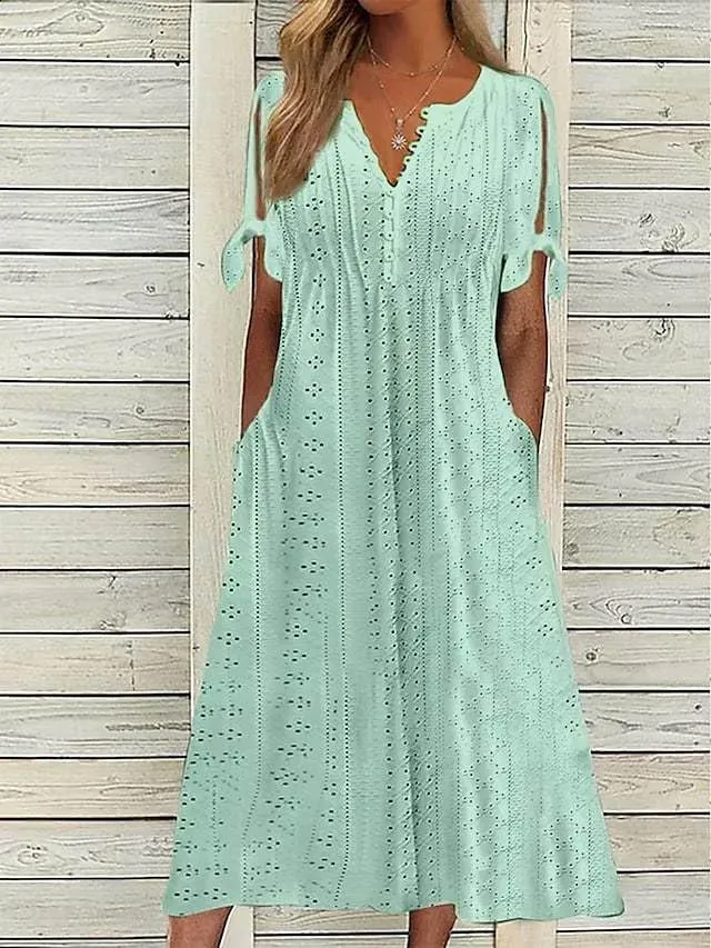 Boho Eyelet Casual Long Dress Vintage Solid Half Sleeve V Neck Loose Fit Flowy Swing Midi Dresses with Pockets