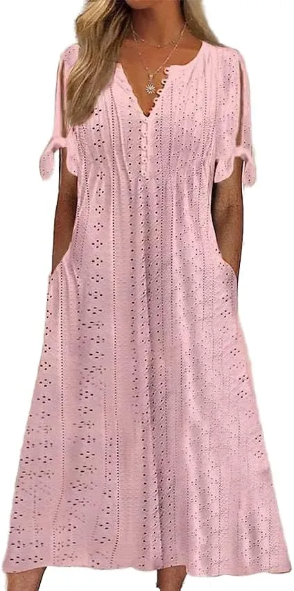 Boho Eyelet Casual Long Dress Vintage Solid Half Sleeve V Neck Loose Fit Flowy Swing Midi Dresses with Pockets