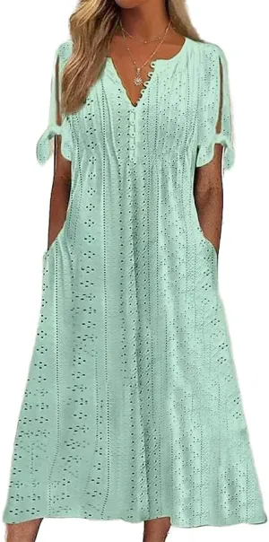 Boho Eyelet Casual Long Dress Vintage Solid Half Sleeve V Neck Loose Fit Flowy Swing Midi Dresses with Pockets