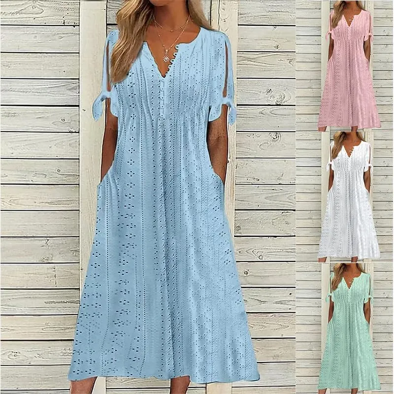 Boho Eyelet Casual Long Dress Vintage Solid Half Sleeve V Neck Loose Fit Flowy Swing Midi Dresses with Pockets