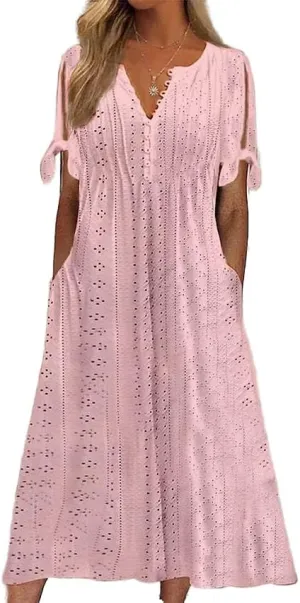 Boho Eyelet Casual Long Dress Vintage Solid Half Sleeve V Neck Loose Fit Flowy Swing Midi Dresses with Pockets