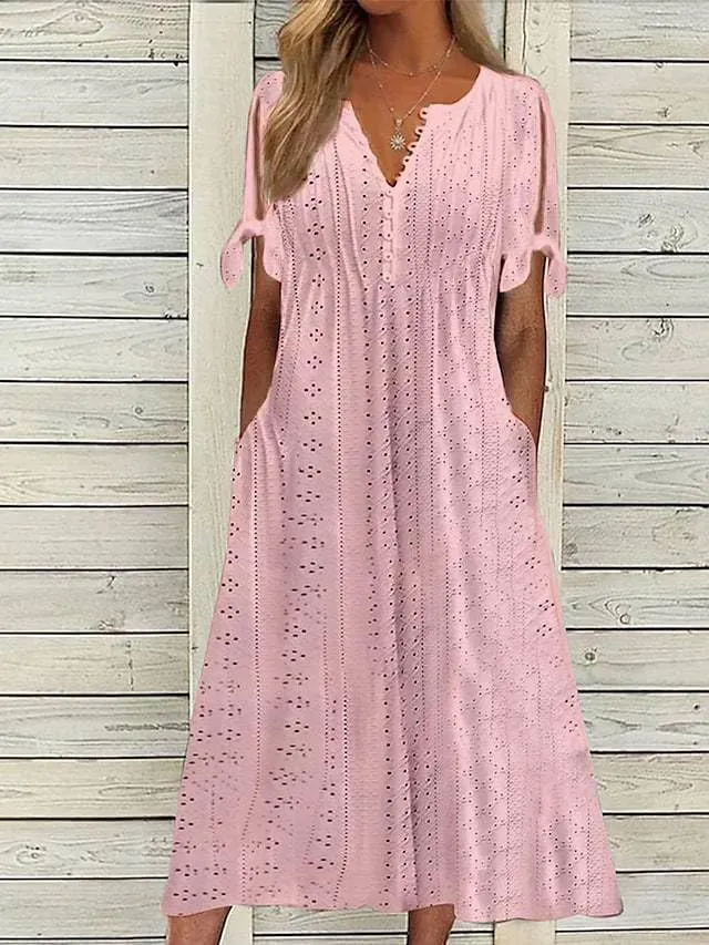 Boho Eyelet Casual Long Dress Vintage Solid Half Sleeve V Neck Loose Fit Flowy Swing Midi Dresses with Pockets