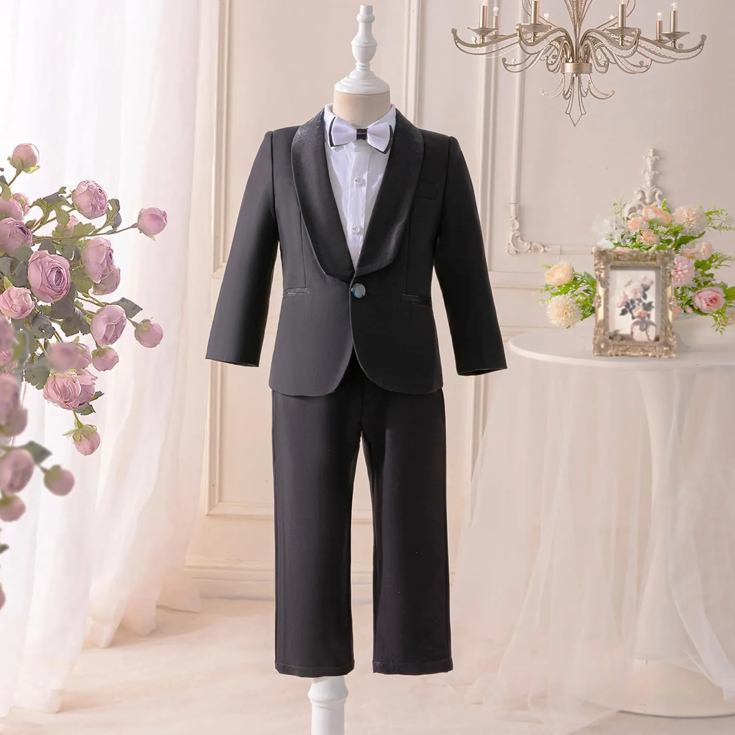 Boys Suits Black Dress Pants Shirt Bow Tie & Sheen Shawl Lapel Blazers, Formal Toddler Suit, Boys Tuxedos Size