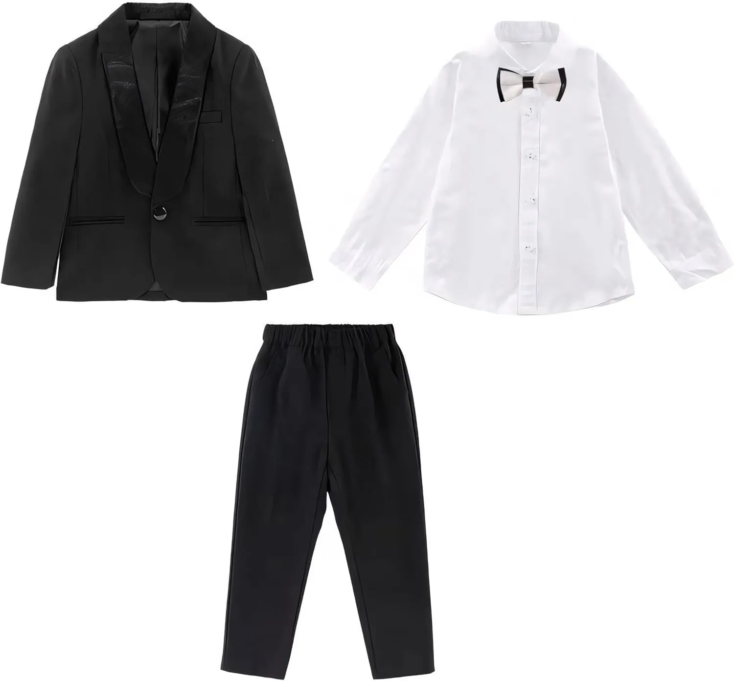 Boys Suits Black Dress Pants Shirt Bow Tie & Sheen Shawl Lapel Blazers, Formal Toddler Suit, Boys Tuxedos Size