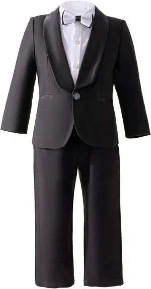 Boys Suits Black Dress Pants Shirt Bow Tie & Sheen Shawl Lapel Blazers, Formal Toddler Suit, Boys Tuxedos Size