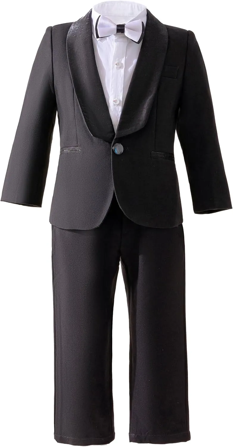 Boys Suits Black Dress Pants Shirt Bow Tie & Sheen Shawl Lapel Blazers, Formal Toddler Suit, Boys Tuxedos Size