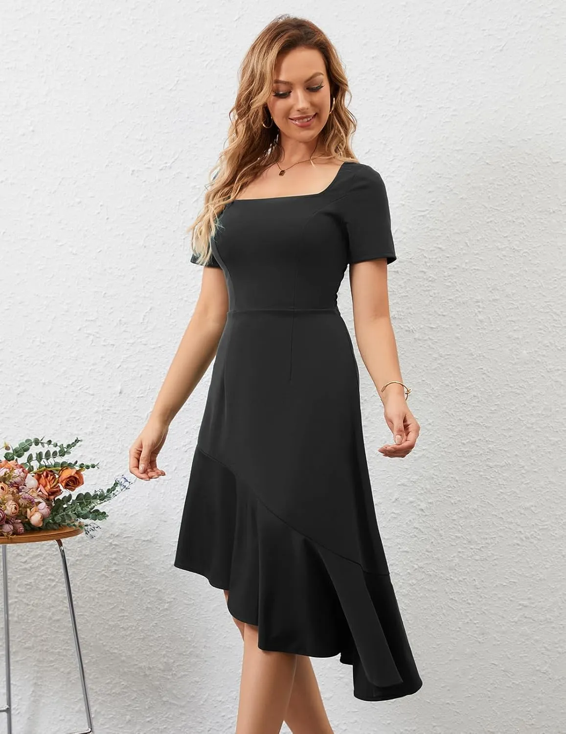 Bridesmay Women's Cocktail Dresses Short Sleeves Square Neck High Low Wedding Guest Dress 2025