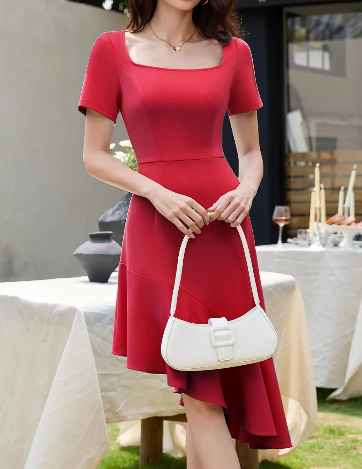 Bridesmay Women's Cocktail Dresses Short Sleeves Square Neck High Low Wedding Guest Dress 2025