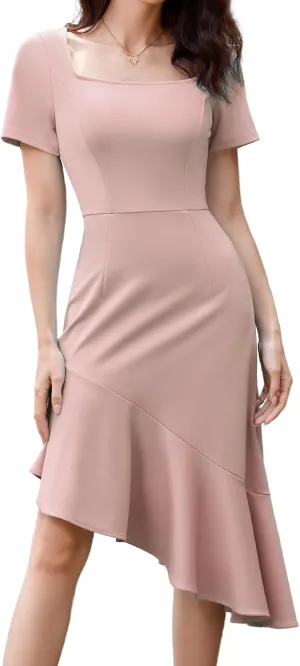 Bridesmay Women's Cocktail Dresses Short Sleeves Square Neck High Low Wedding Guest Dress 2025