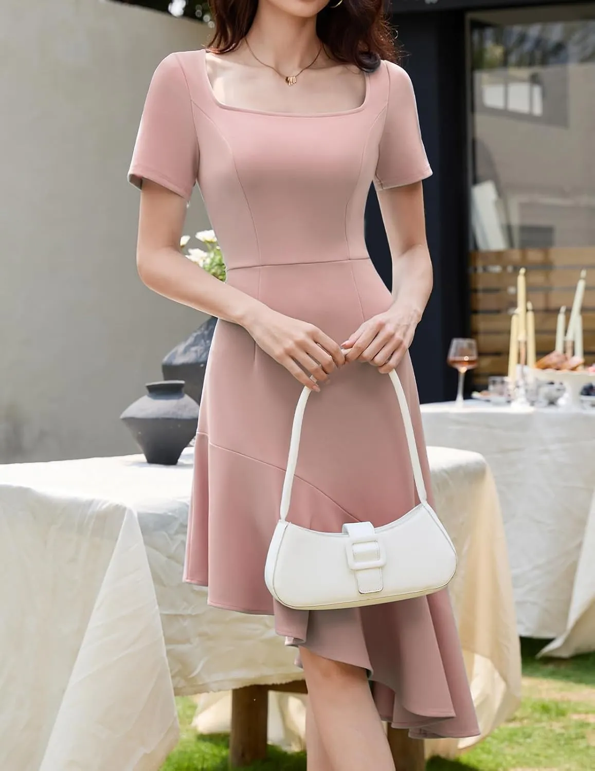 Bridesmay Women's Cocktail Dresses Short Sleeves Square Neck High Low Wedding Guest Dress 2025