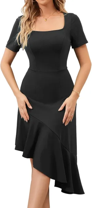 Bridesmay Women's Cocktail Dresses Short Sleeves Square Neck High Low Wedding Guest Dress 2025