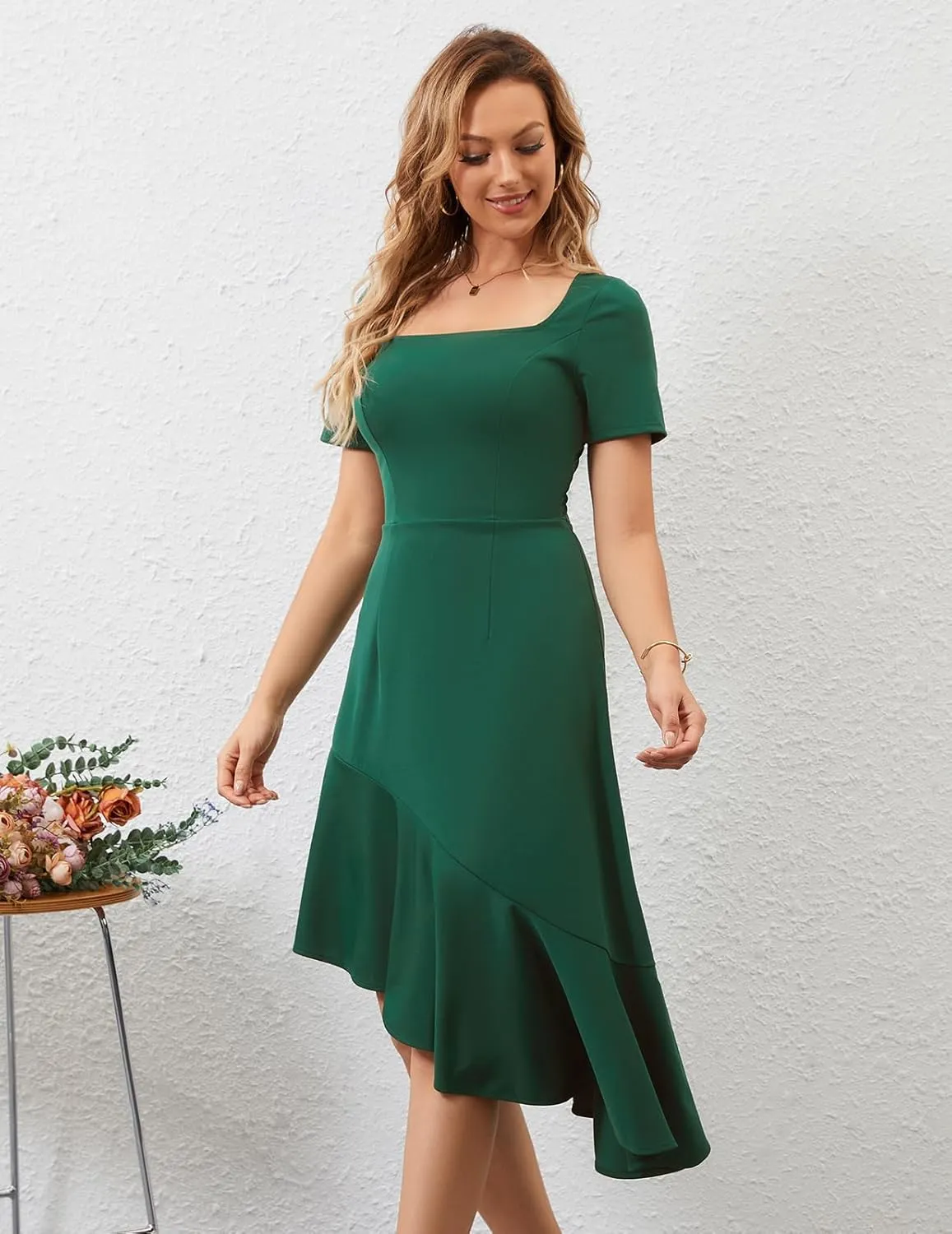 Bridesmay Women's Cocktail Dresses Short Sleeves Square Neck High Low Wedding Guest Dress 2025