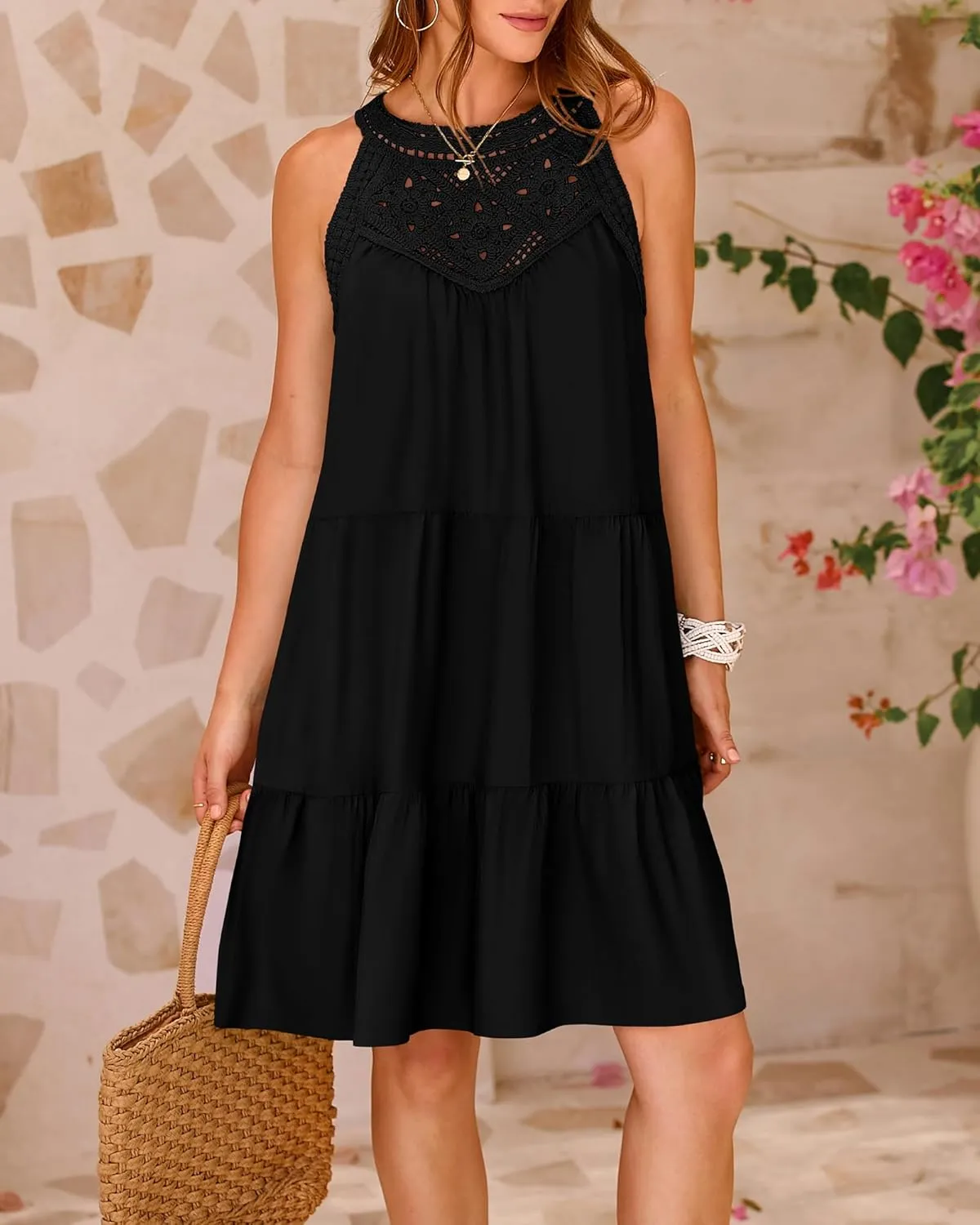 BTFBM Women Summer Halter Dresses Casual Spring 2025 Sleeveless A-Line Tiered Swing Mini Dress Beach Vacation Sundress