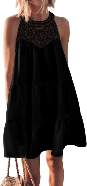 BTFBM Women Summer Halter Dresses Casual Spring 2025 Sleeveless A-Line Tiered Swing Mini Dress Beach Vacation Sundress