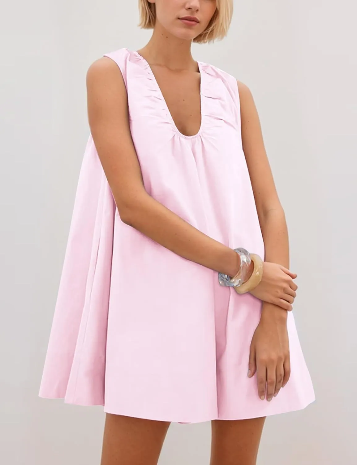 Bubble Babydoll Dress for Women Sleeveless Ruched U Neck Tank Mini Dresses Casual Summer Puffy Dress