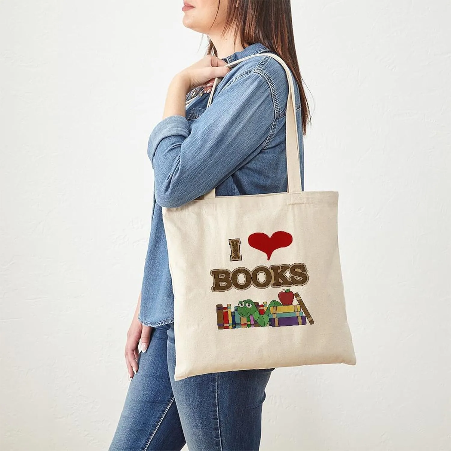 CafePress I Love Books Tote Bag Reusable Natural Beige Canvas Shopping Bag
