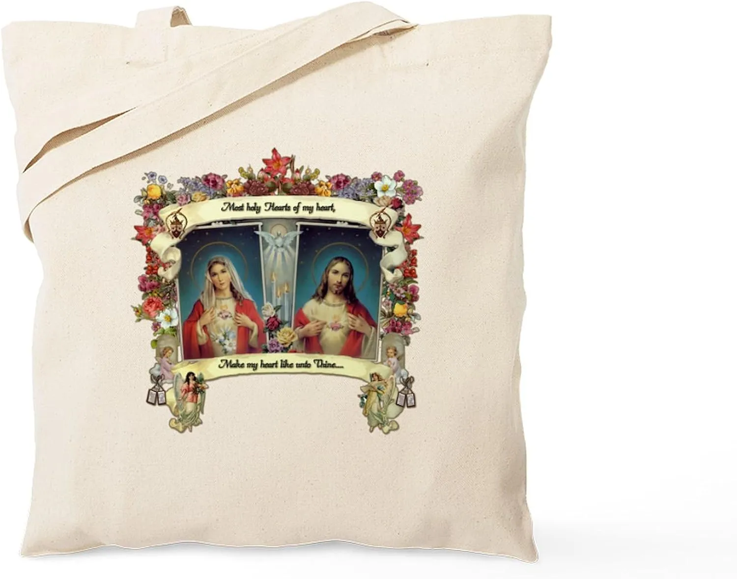 CafePress Sacred And Immaculate Hearts Tote Bag Reusable Natural Beige Canvas Shopping Bag