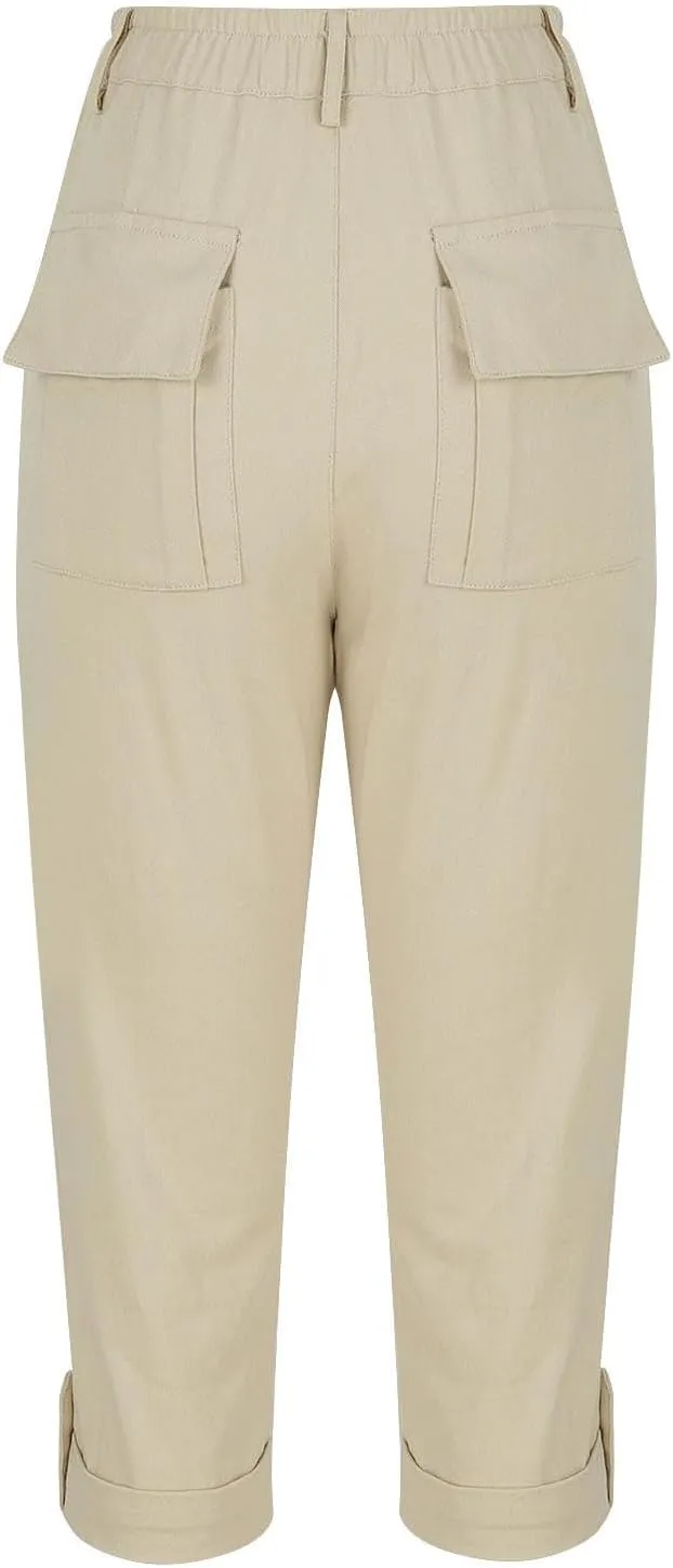 Cargo Capri Pants for Women Dressy Casual High Waisted Capris Summer Loose Elastic Waist Cropped Trouser with Pockets