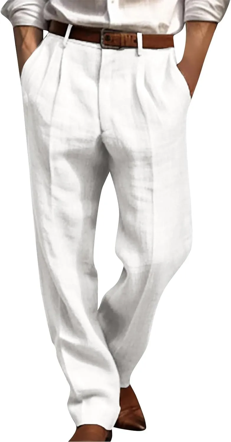 Chino Linen Pants for Men Wide Leg Elastic Waist Pants Breathable Big and Tall Plain Beach Trousers