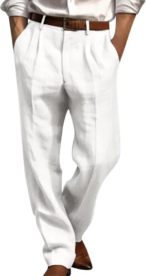 Chino Linen Pants for Men Wide Leg Elastic Waist Pants Breathable Big and Tall Plain Beach Trousers