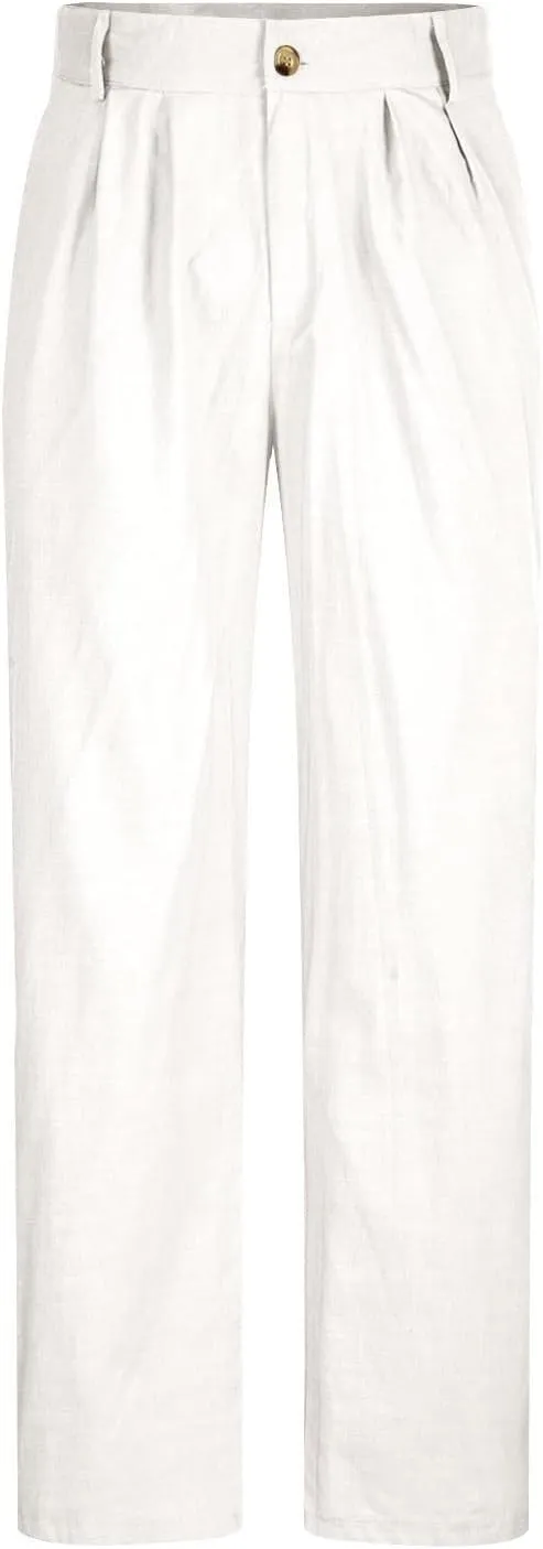 Chino Linen Pants for Men Wide Leg Elastic Waist Pants Breathable Big and Tall Plain Beach Trousers