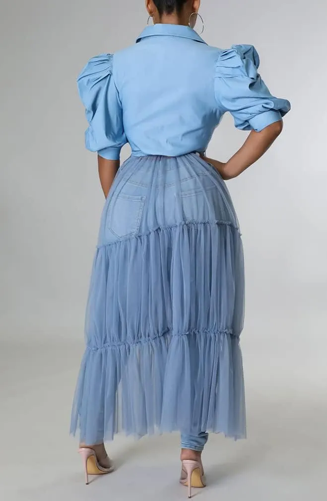 Choichic Women' Button Down Shirts High Waist Short Sleeve Sheer Mesh Patchwork Maxi Dress Long Shirts Tunics with Belt
