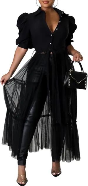 Choichic Women' Button Down Shirts High Waist Short Sleeve Sheer Mesh Patchwork Maxi Dress Long Shirts Tunics with Belt