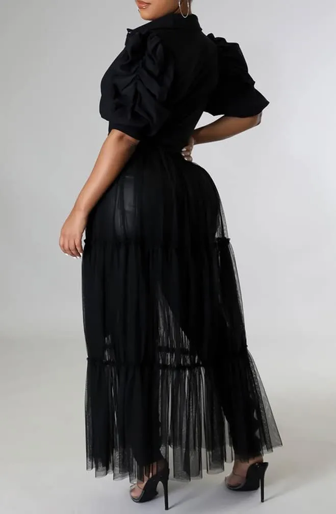 Choichic Women' Button Down Shirts High Waist Short Sleeve Sheer Mesh Patchwork Maxi Dress Long Shirts Tunics with Belt